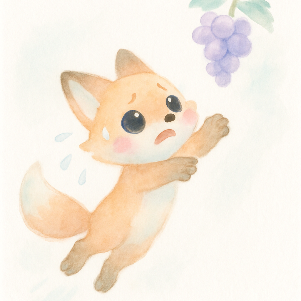 여우가 포도를 따려고 반복해서 점프하지만 닿지 않는 장면