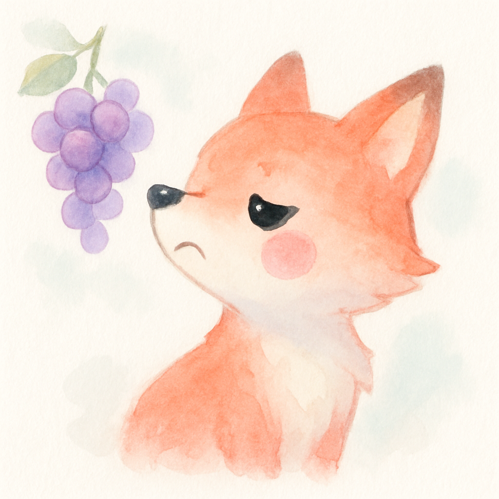 여우가 포도를 포기하고 시큼할 거라며 고개를 돌리는 장면