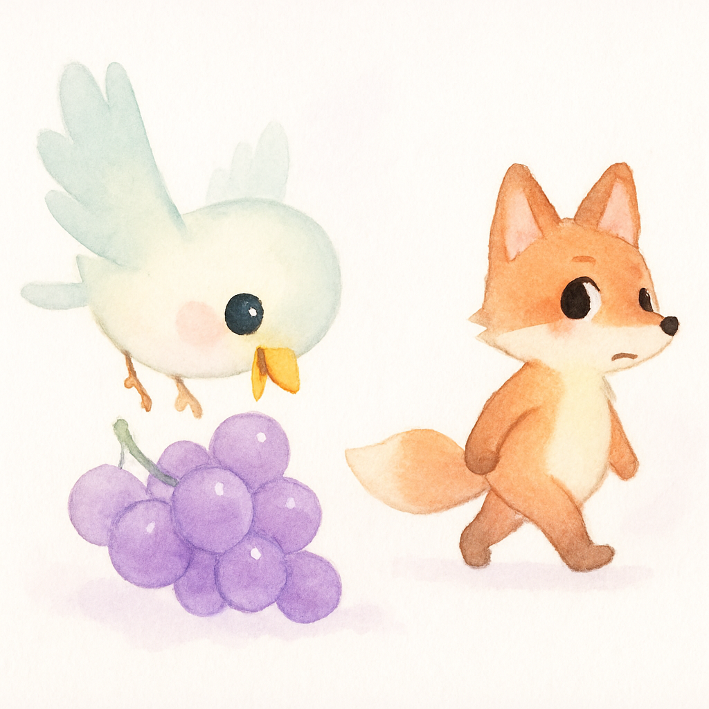 새가 날아와 포도를 먹고 여우는 멀리서 힐끔거리며 쳐다보는 장면