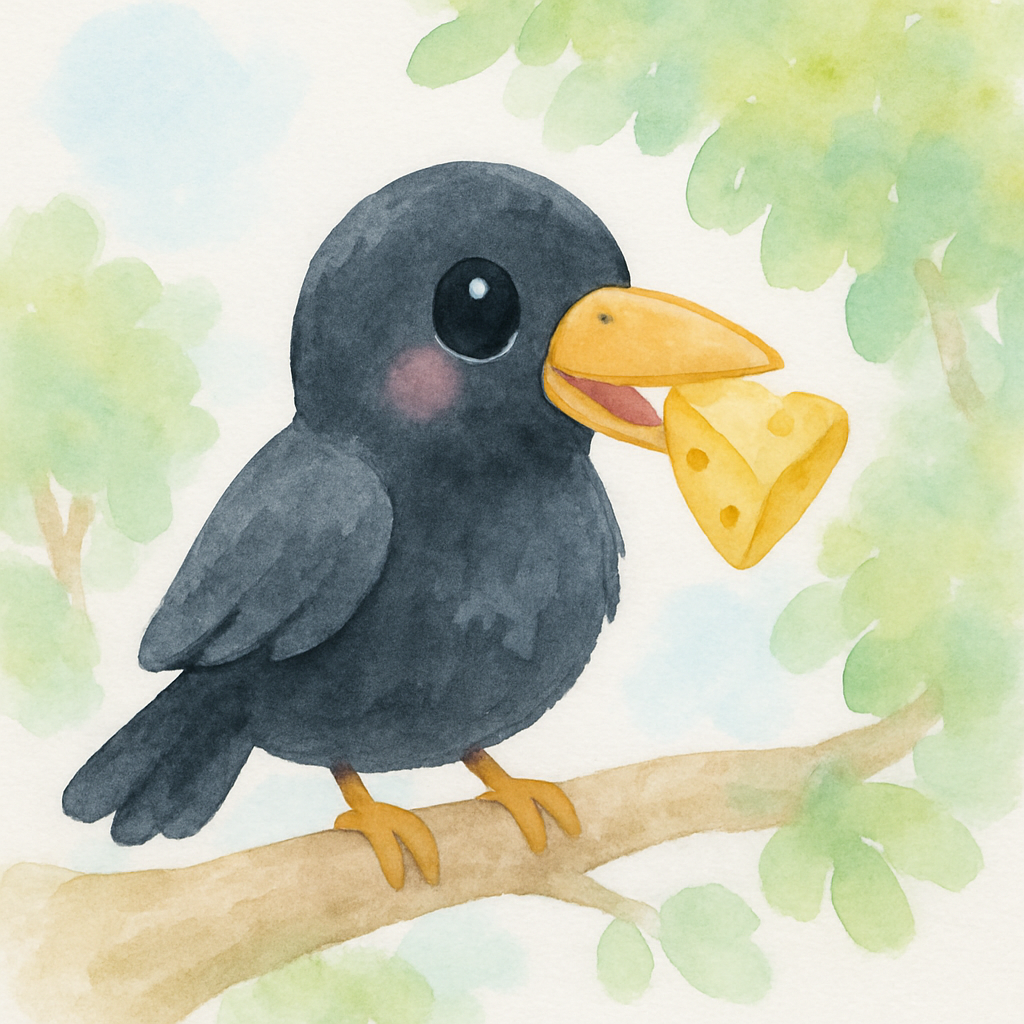 까마귀가 나무 위에 앉아 부리에 치즈를 물고 있는 장면