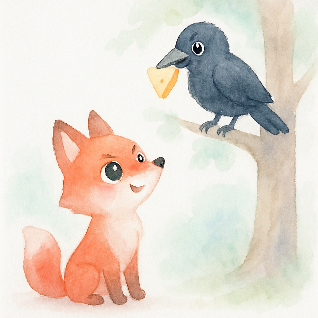 나무 아래에서 여우가 고개를 들어 까마귀를 쳐다보는 장면