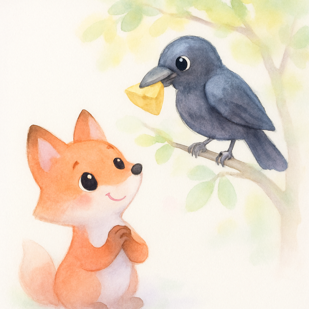 여우가 까마귀를 칭찬하며 다정하게 말하는 장면