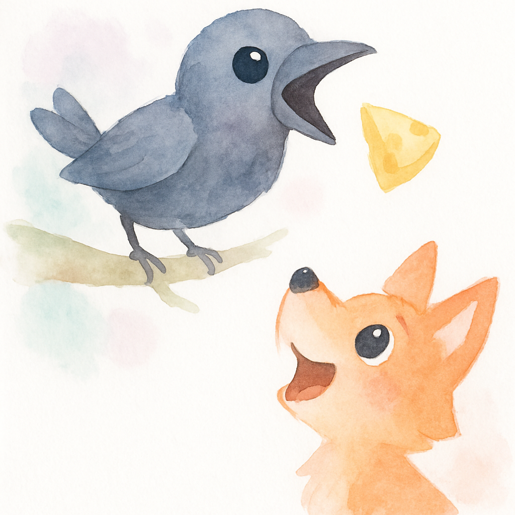 까마귀가 부리를 크게 벌려 노래하며 치즈가 떨어지는 장면