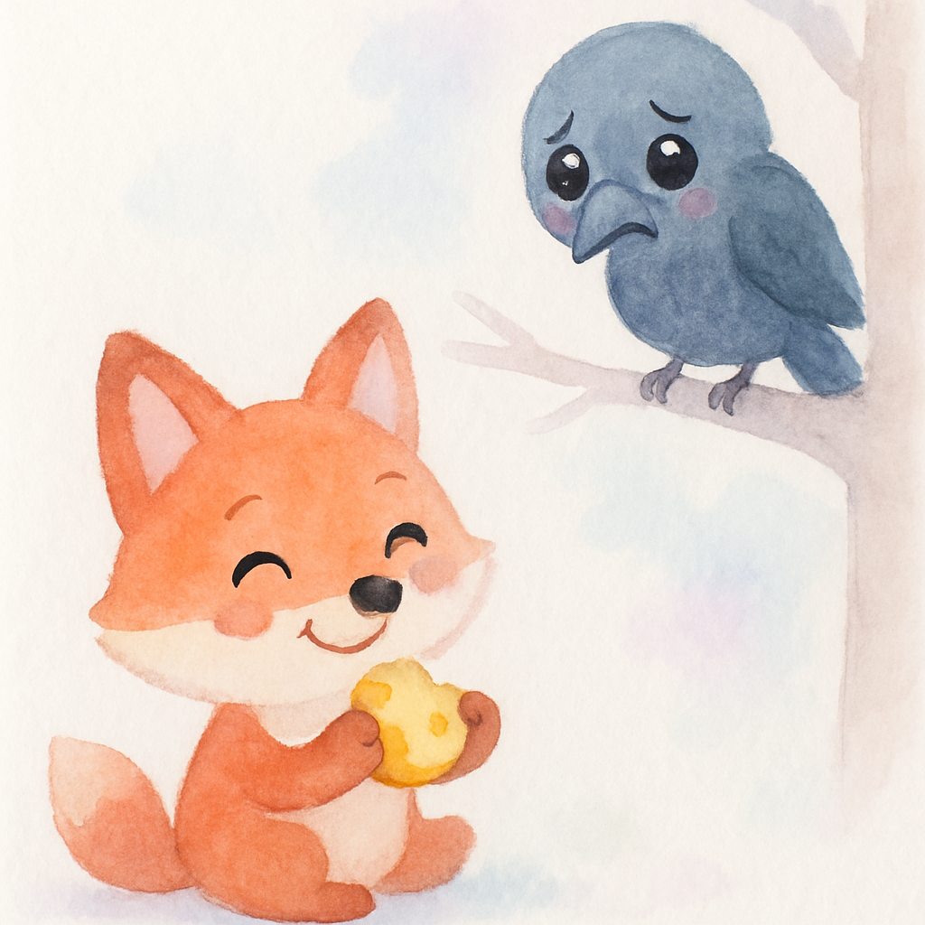 여우가 떨어진 치즈를 낚아채어 먹는 장면