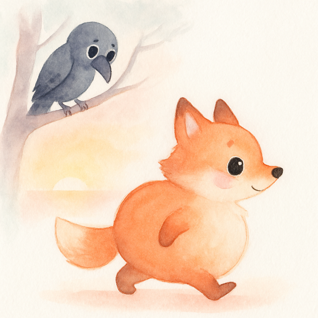 배부른 여우가 걸어가고 까마귀는 혼자 나무 위에 앉아 있는 마지막 장면