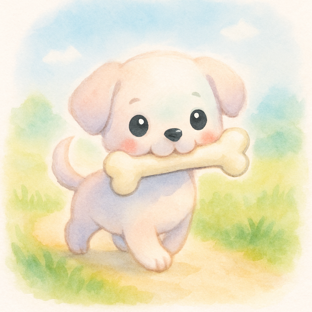 강아지가 큰 뼈다귀를 입에 물고 꼬리를 흔들며 신나게 집으로 가는 장면