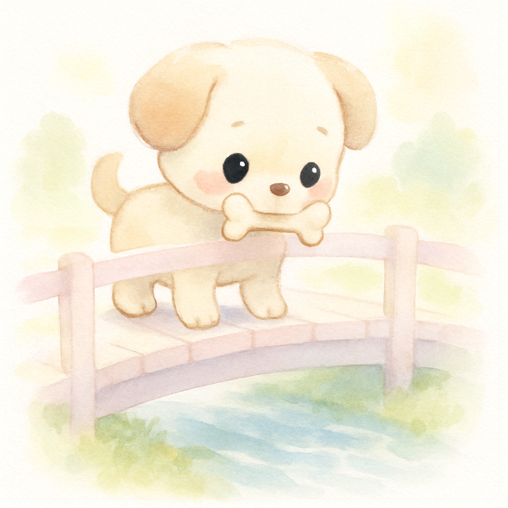 강아지가 다리 위에 서서 맑은 물이 흐르는 다리 밑을 내려다보는 장면