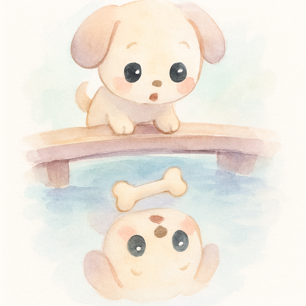 강아지가 물속에 비친 자신의 그림자를 보고 눈을 크게 뜨며 놀라는 장면