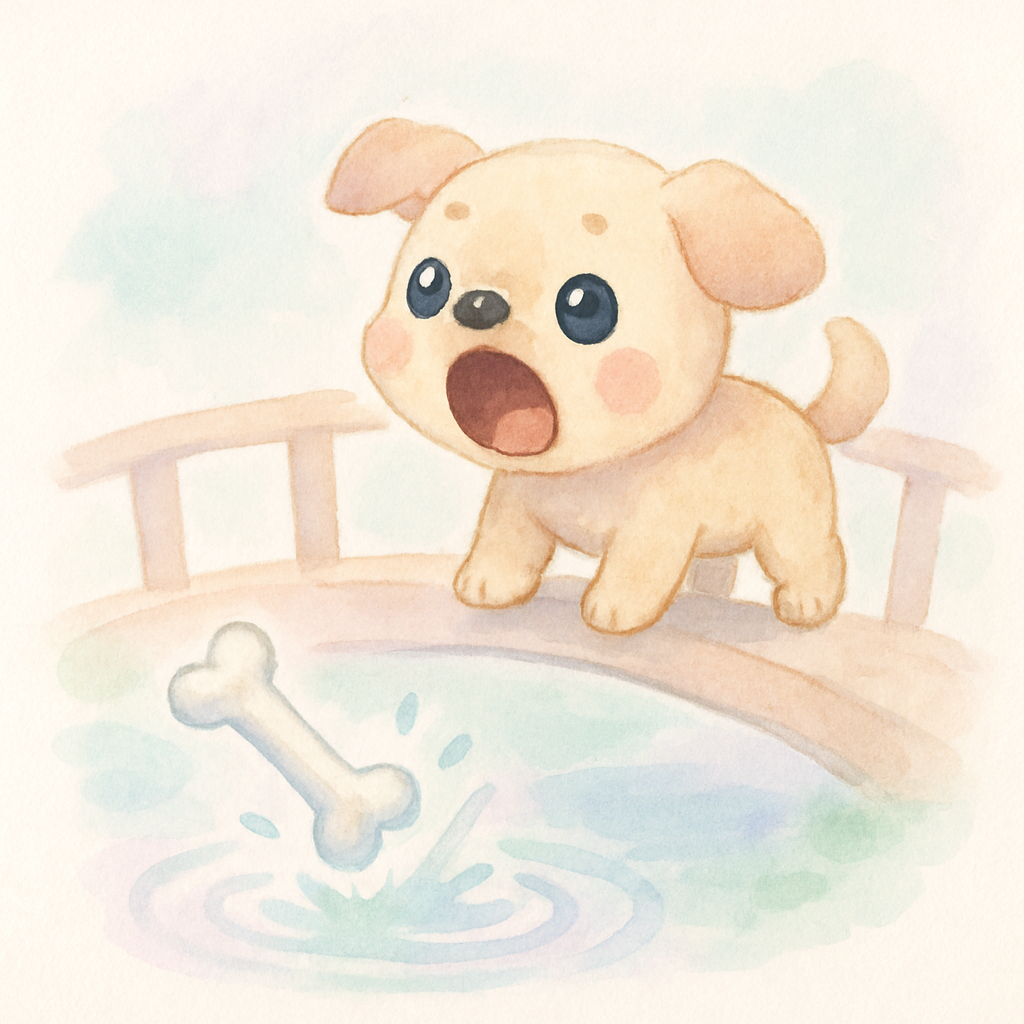 강아지가 물속 강아지를 향해 멍멍 짖으며 입을 벌리는 순간 뼈다귀가 물속으로 떨어지는 장면