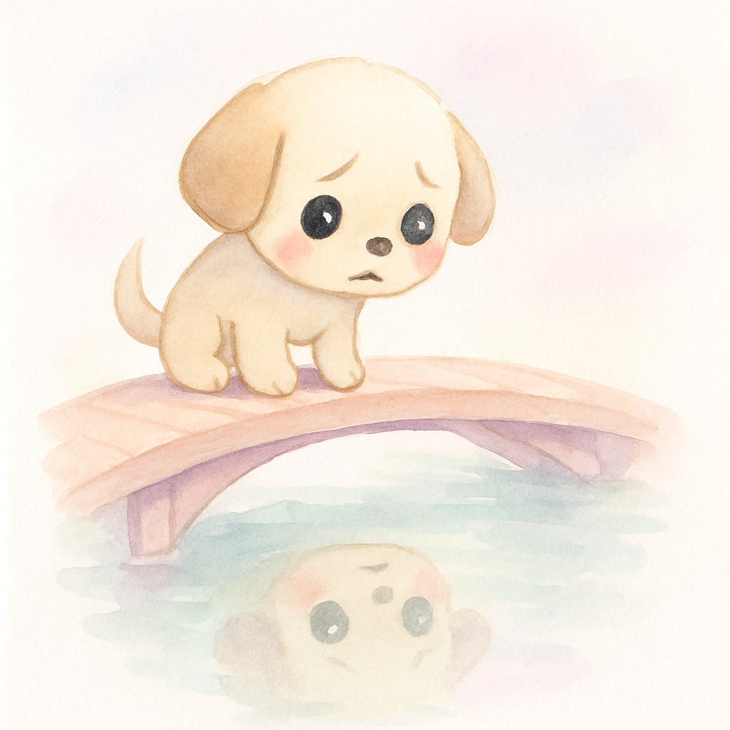 강아지가 물속을 들여다보며 자신의 그림자였음을 깨닫고 슬퍼하며 꼬리를 축 늘어뜨린 장면