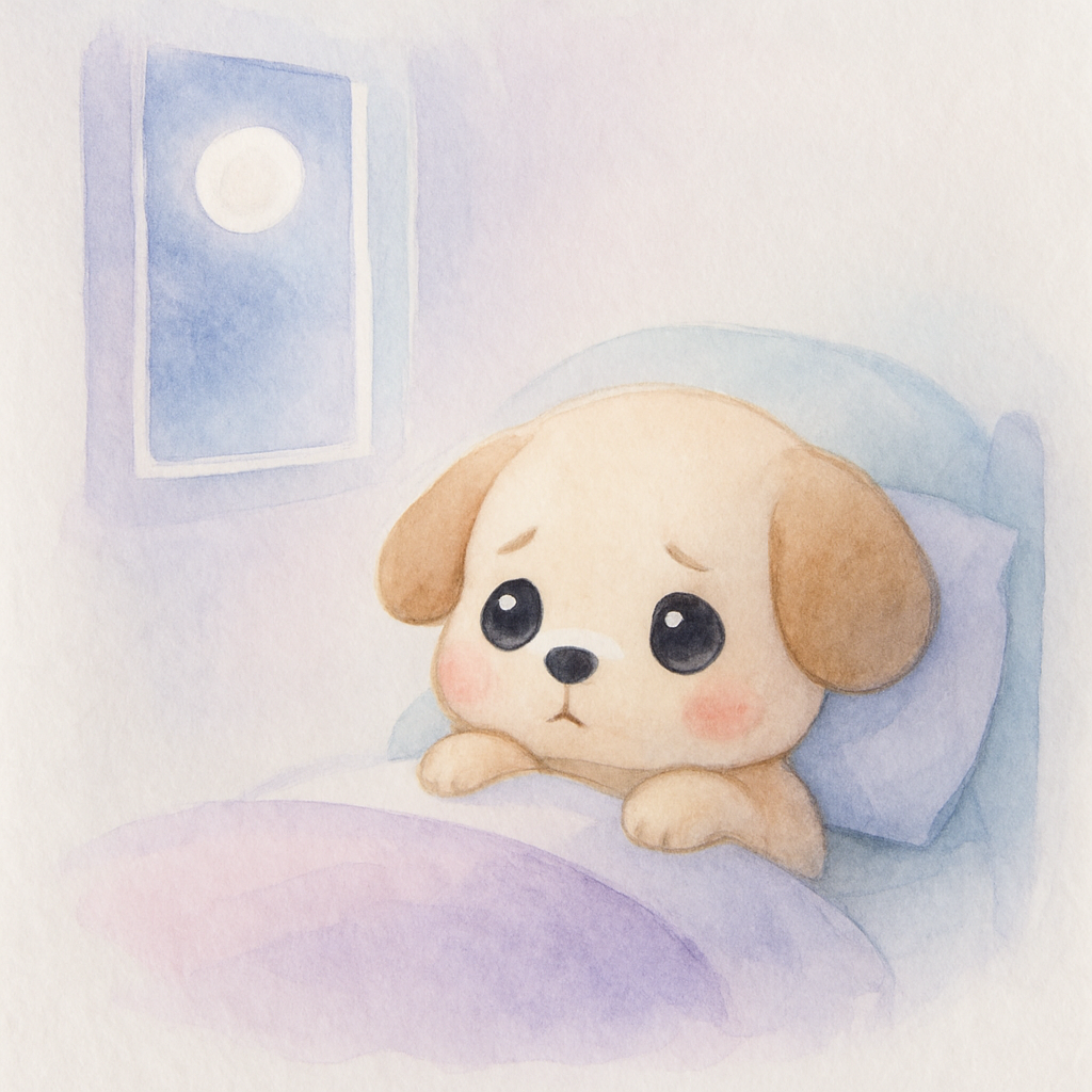 강아지가 배고픈 채로 잠자리에 누워있고 달빛이 창문으로 들어오는 밤 장면