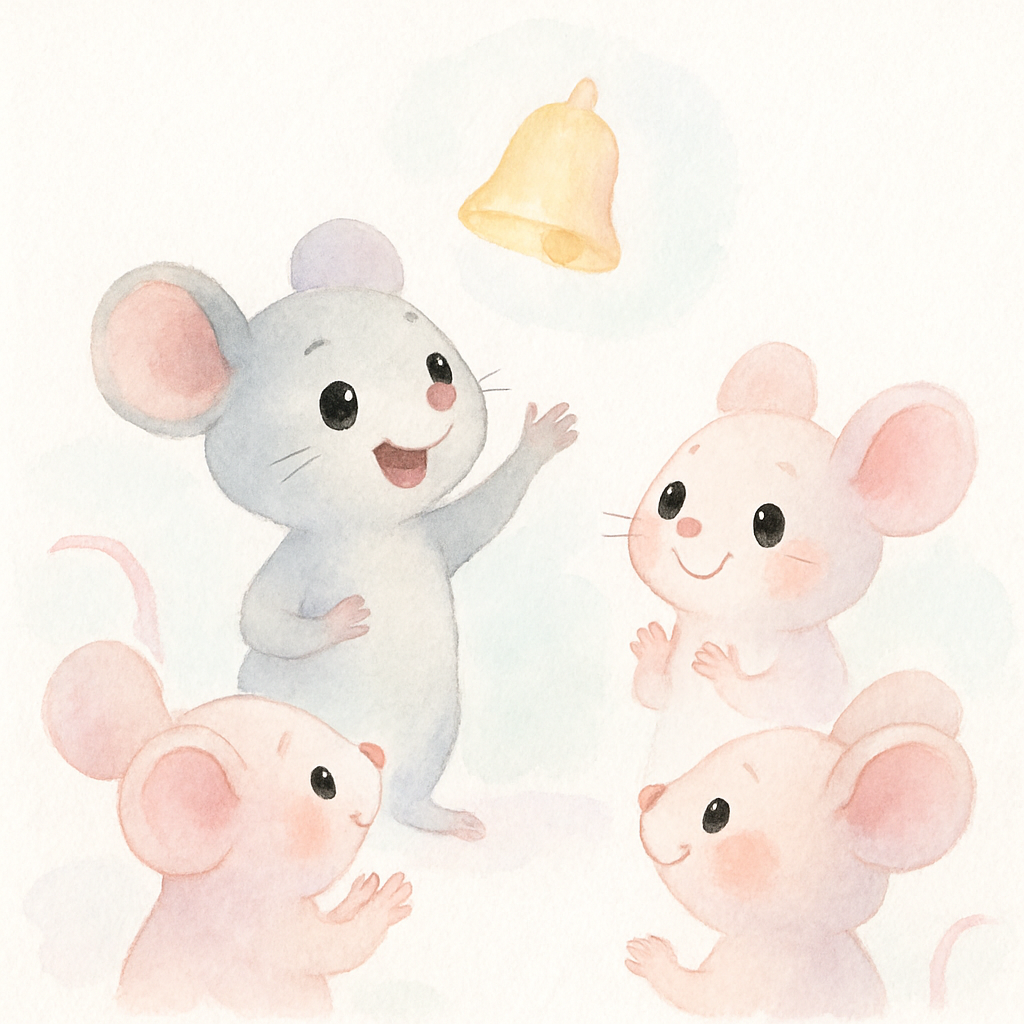 방울 아이디어를 제안하는 생쥐와 기뻐하는 다른 생쥐들