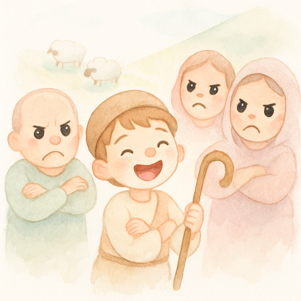 속은 것을 알고 화난 마을 사람들과 깔깔 웃는 소년