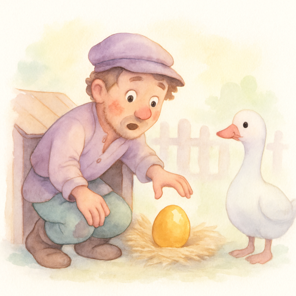 가난한 농부가 마당의 거위 집에서 황금알을 처음 발견하는 장면