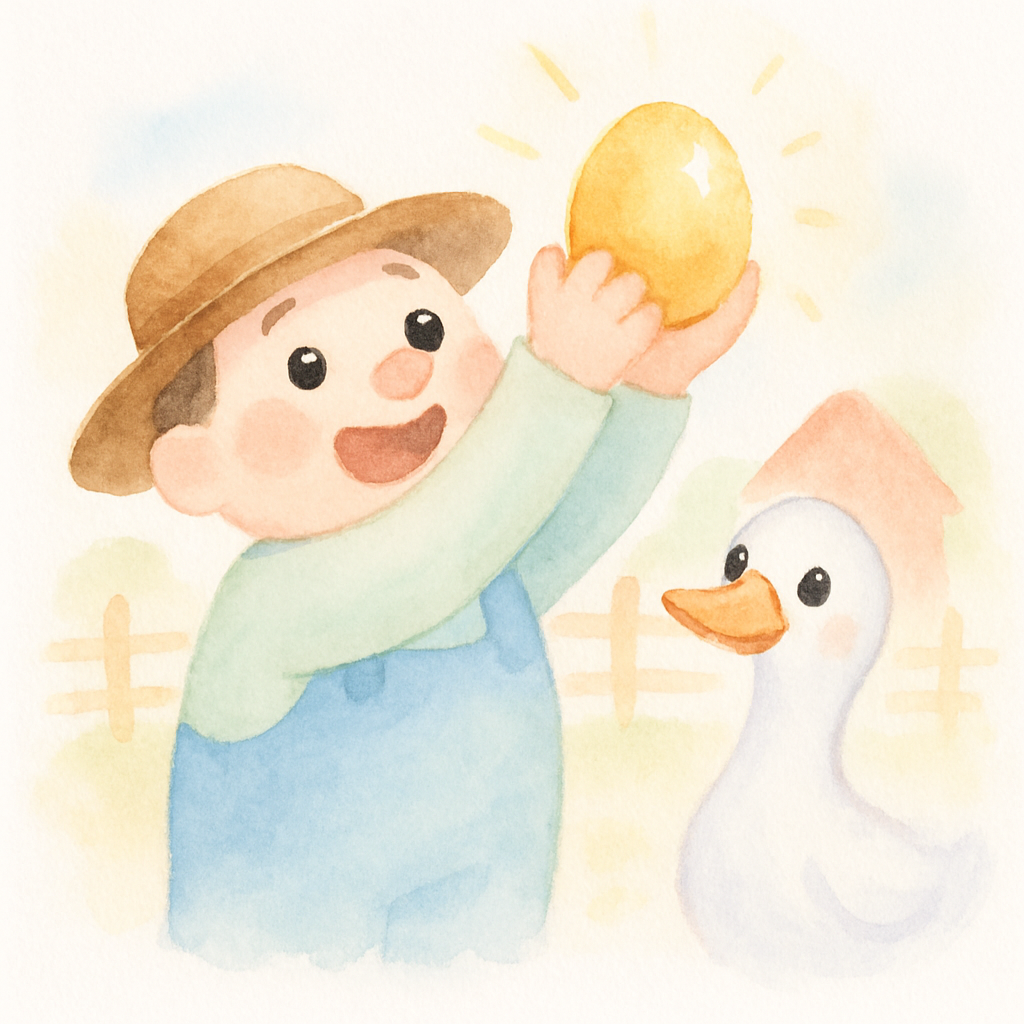 농부가 황금알을 들고 기뻐하는 장면