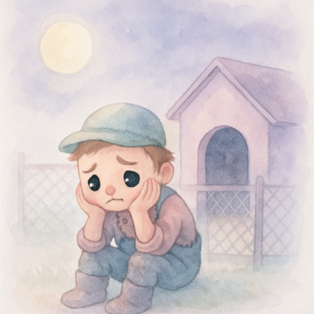 농부가 빈 거위 집 앞에서 후회하며 슬퍼하는 밤 장면