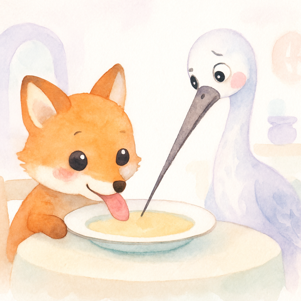 여우네 집에서 넓은 접시에 수프를 대접하는 장면