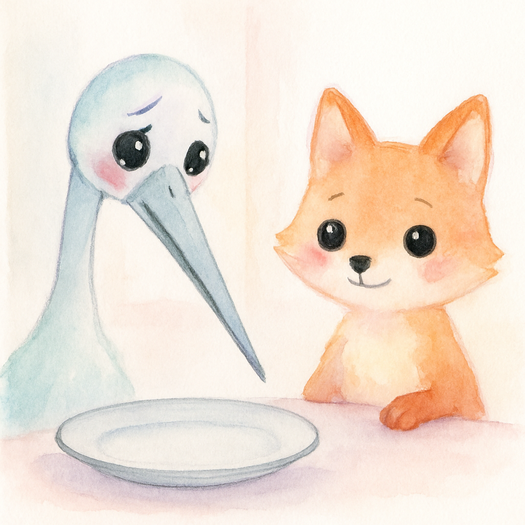 두루미가 긴 부리로 넓은 접시의 수프를 먹지 못하는 장면