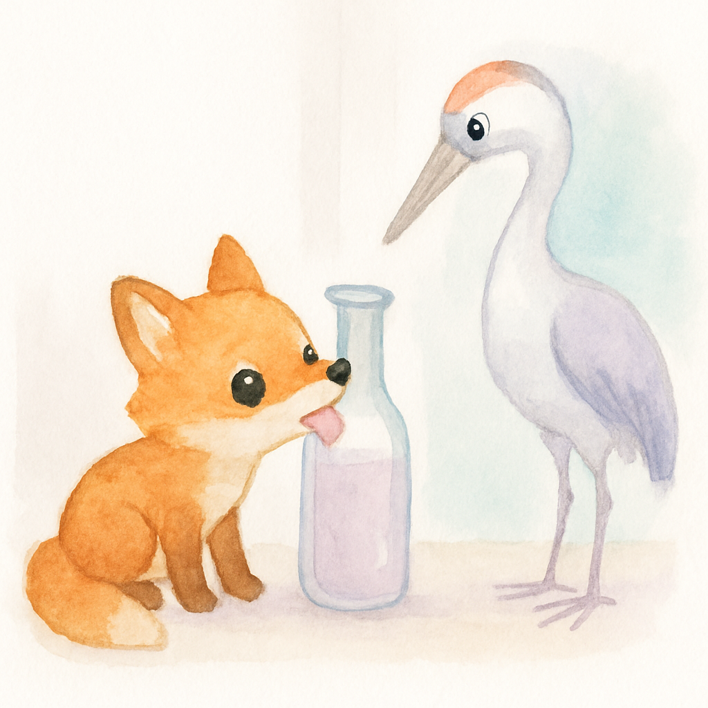 여우가 짧은 주둥이로 병 속 수프를 먹지 못하는 장면