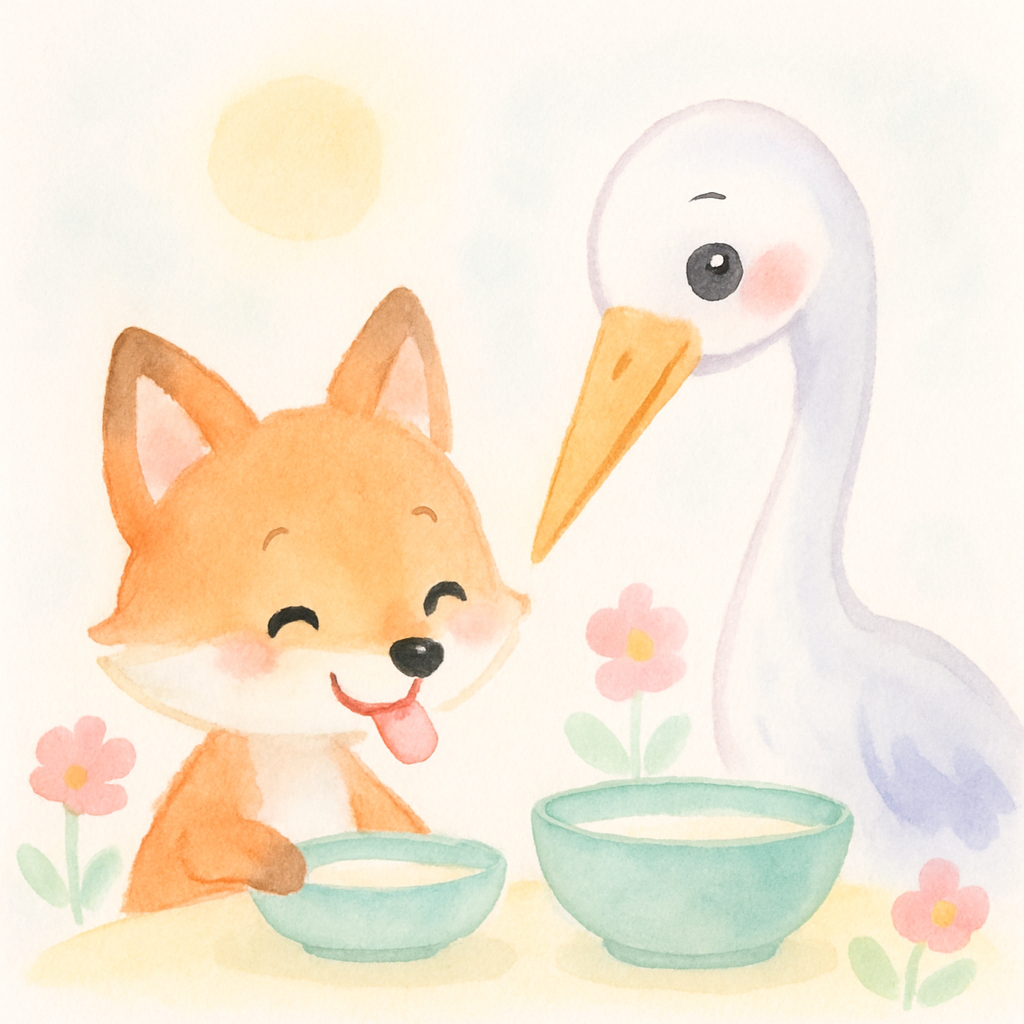 여우와 두루미가 함께 적절한 그릇으로 즐겁게 식사하는 장면