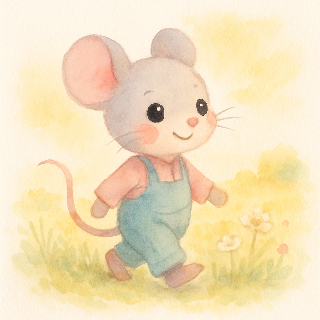 시골 쥐가 조용한 들판에서 따뜻한 햇살을 받으며 평화롭게 산책하는 장면