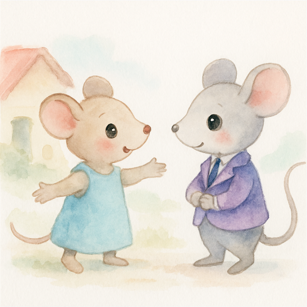 서울 쥐가 반짝이는 옷을 입고 시골 쥐의 집을 방문한 장면, 시골 쥐가 반갑게 맞이함