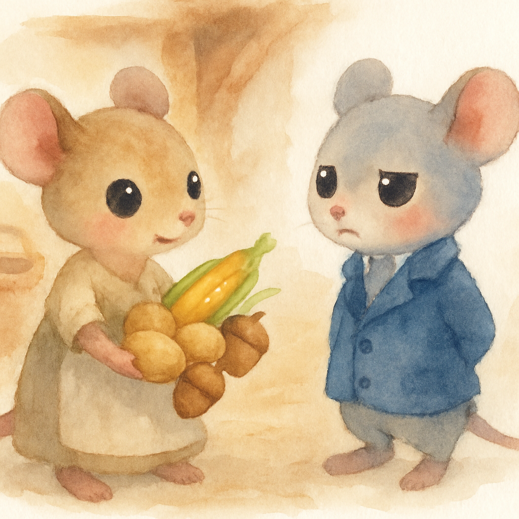 시골 쥐가 도토리, 옥수수, 감자 등 소박한 음식을 서울 쥐에게 대접하는 장면