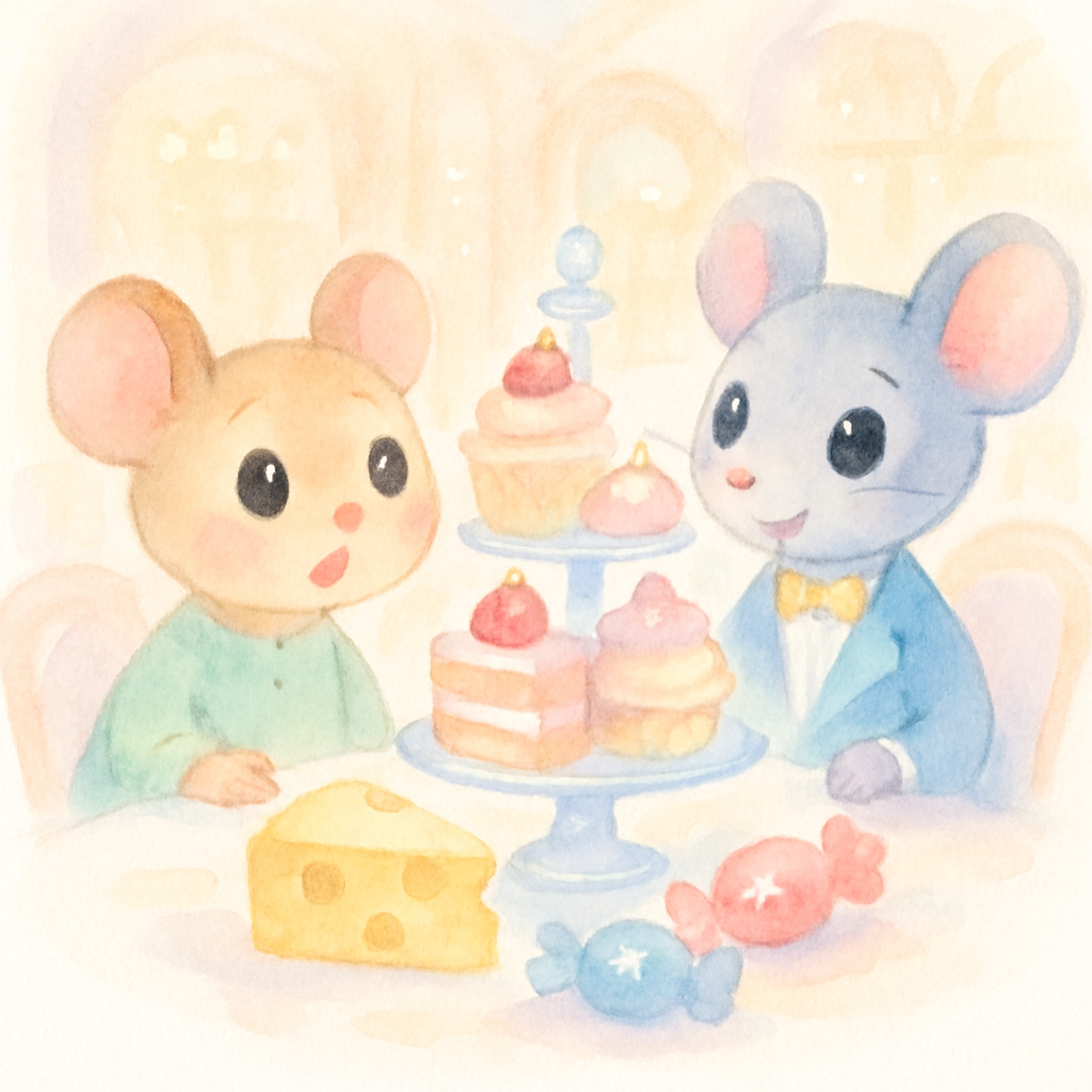 서울의 큰 식당에 도착한 두 쥐가 케이크, 치즈, 사탕 등 화려한 음식들을 보고 놀라는 장면