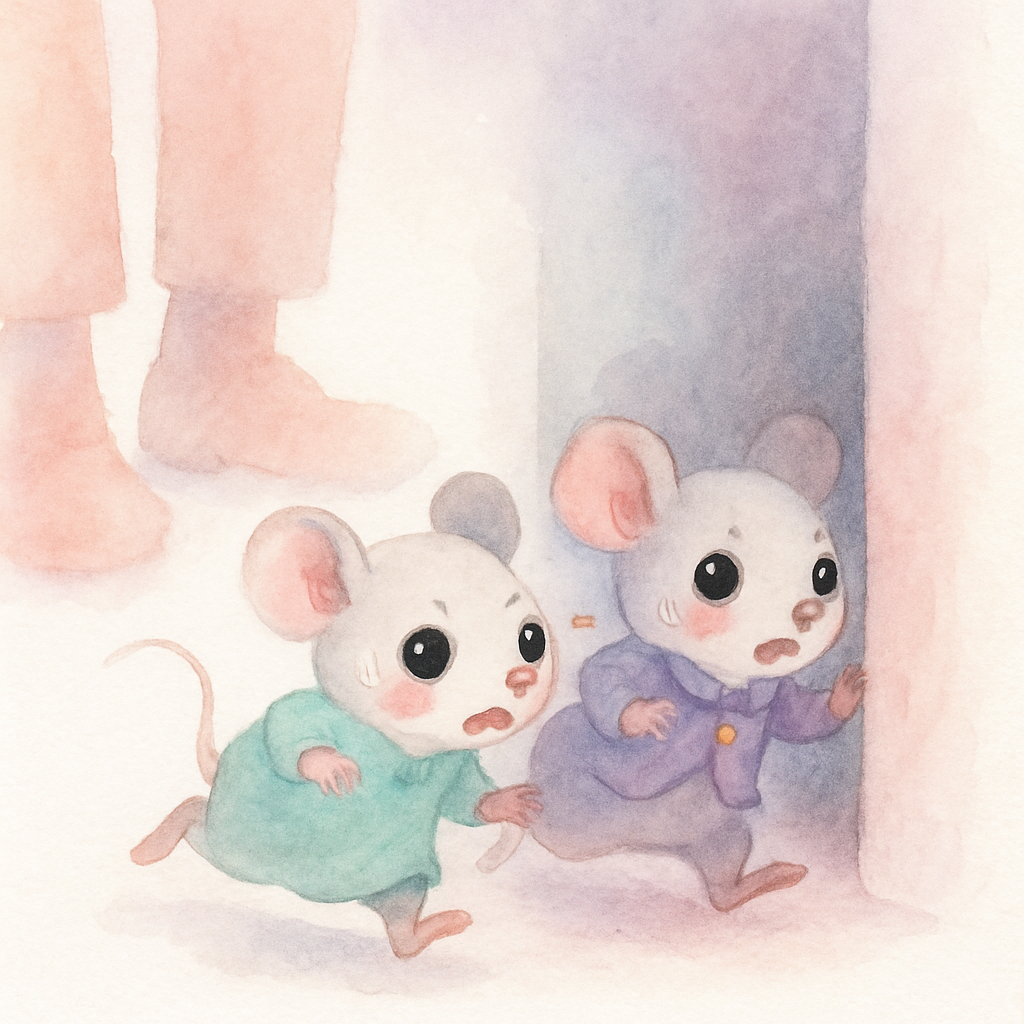 사람 발소리에 놀라 두 쥐가 구석으로 급히 숨는 장면