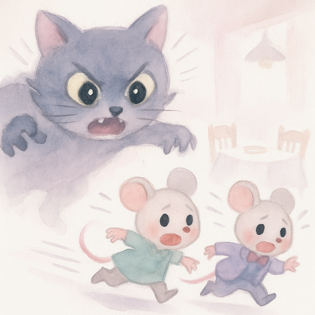 커다란 고양이가 나타나 두 쥐가 정신없이 도망치는 장면