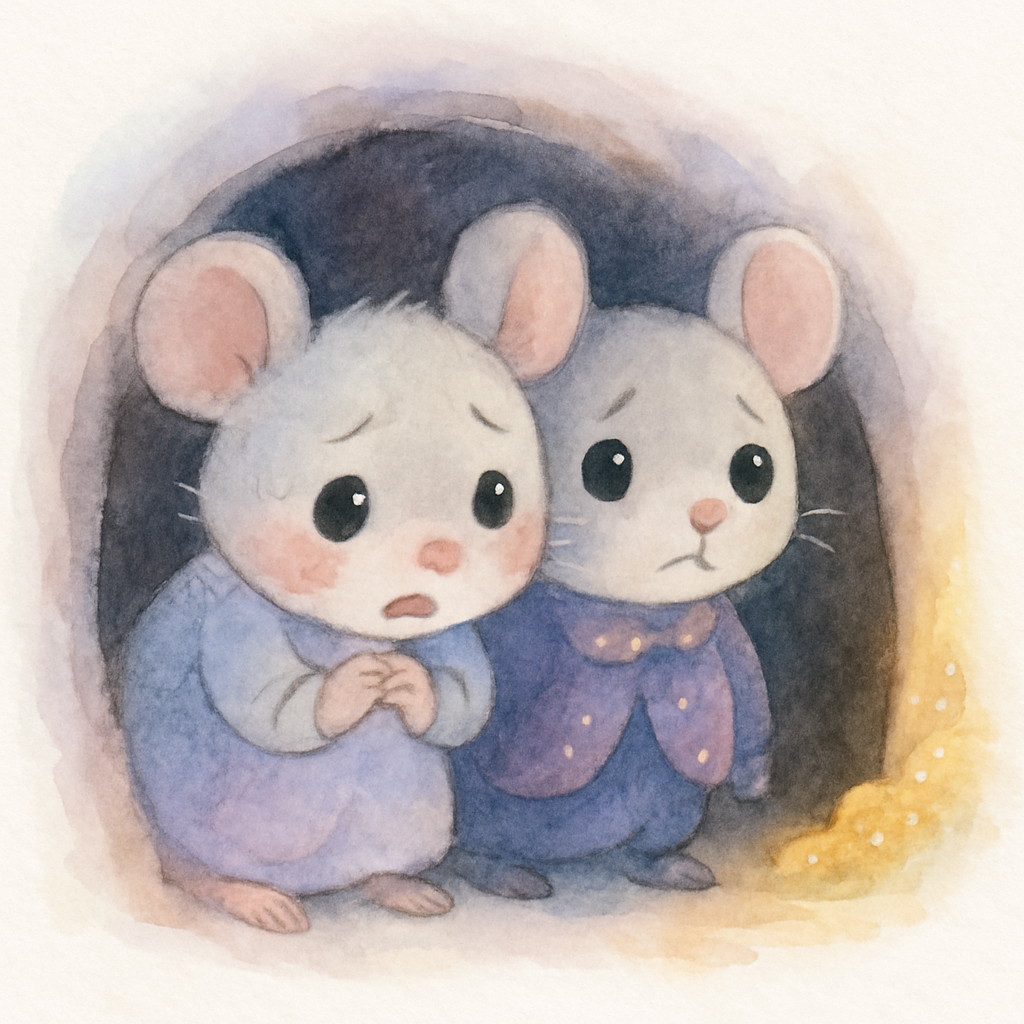 작은 구멍 속에서 두 쥐가 숨을 헐떡이며 숨어있는 장면, 시골 쥐가 집에 가겠다고 말함