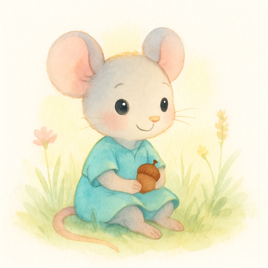 집으로 돌아온 시골 쥐가 조용한 들판에서 도토리를 먹으며 행복해하는 장면