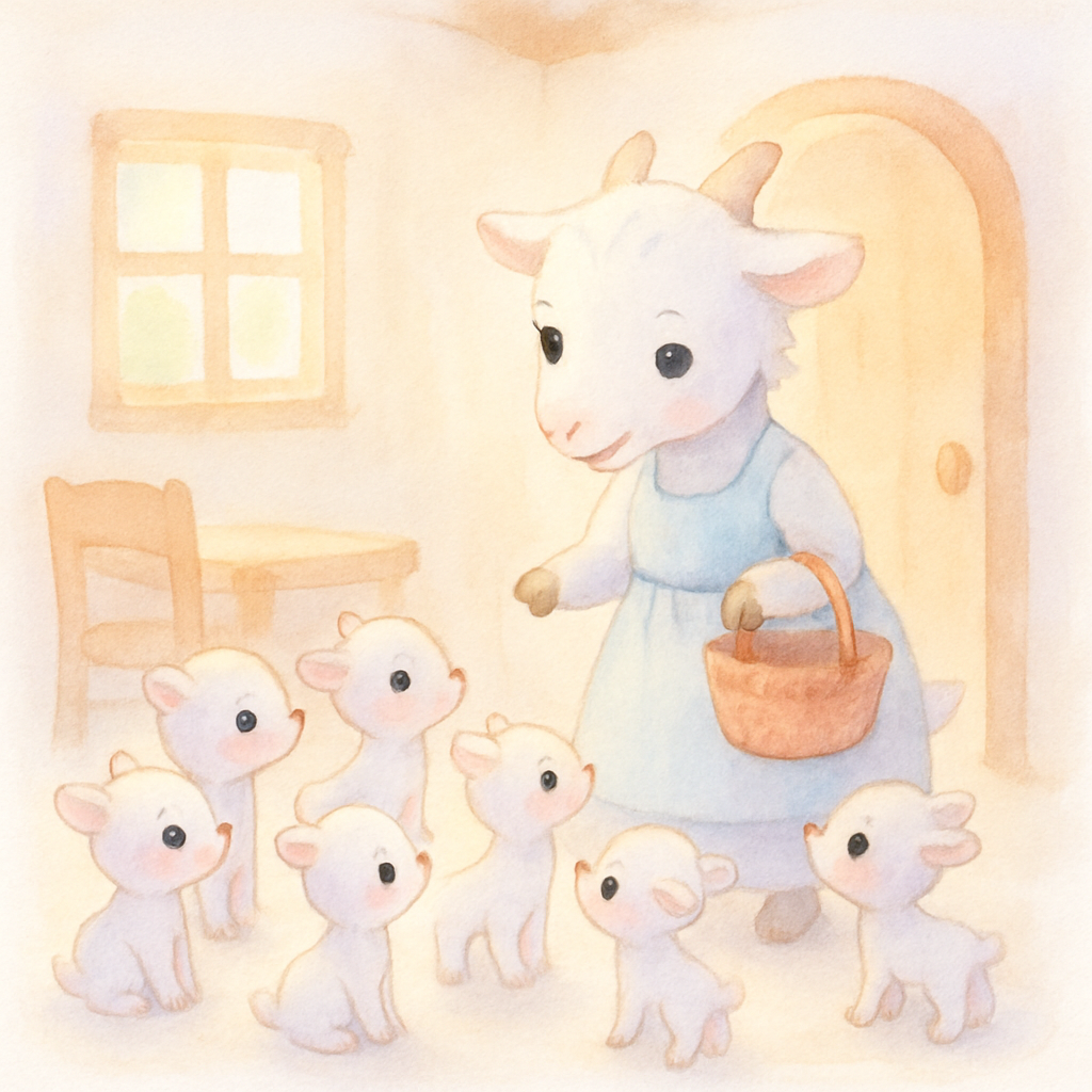 엄마 염소가 일곱 마리 아기 염소들에게 조심하라고 당부하며 빨간 바구니를 들고 집을 나서는 장면