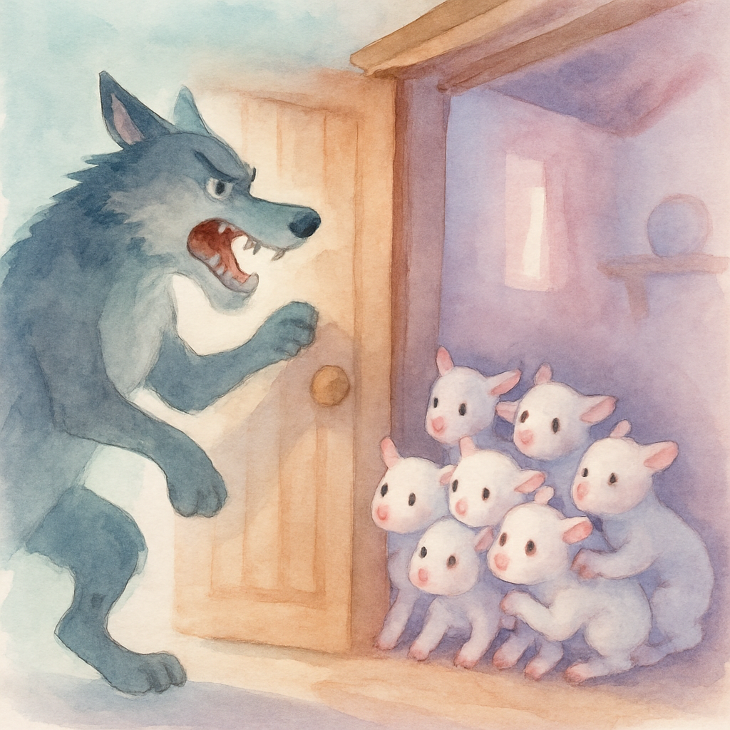 늑대가 굵고 무서운 목소리로 문을 두드리고, 아기 염소들이 문 뒤에서 거부하는 장면