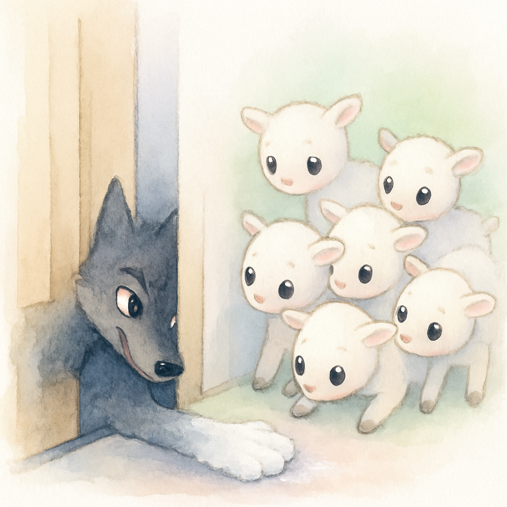 늑대가 하얀 가루를 발에 묻히고 부드러운 목소리로 속여서 문틈으로 하얀 발을 보여주는 장면