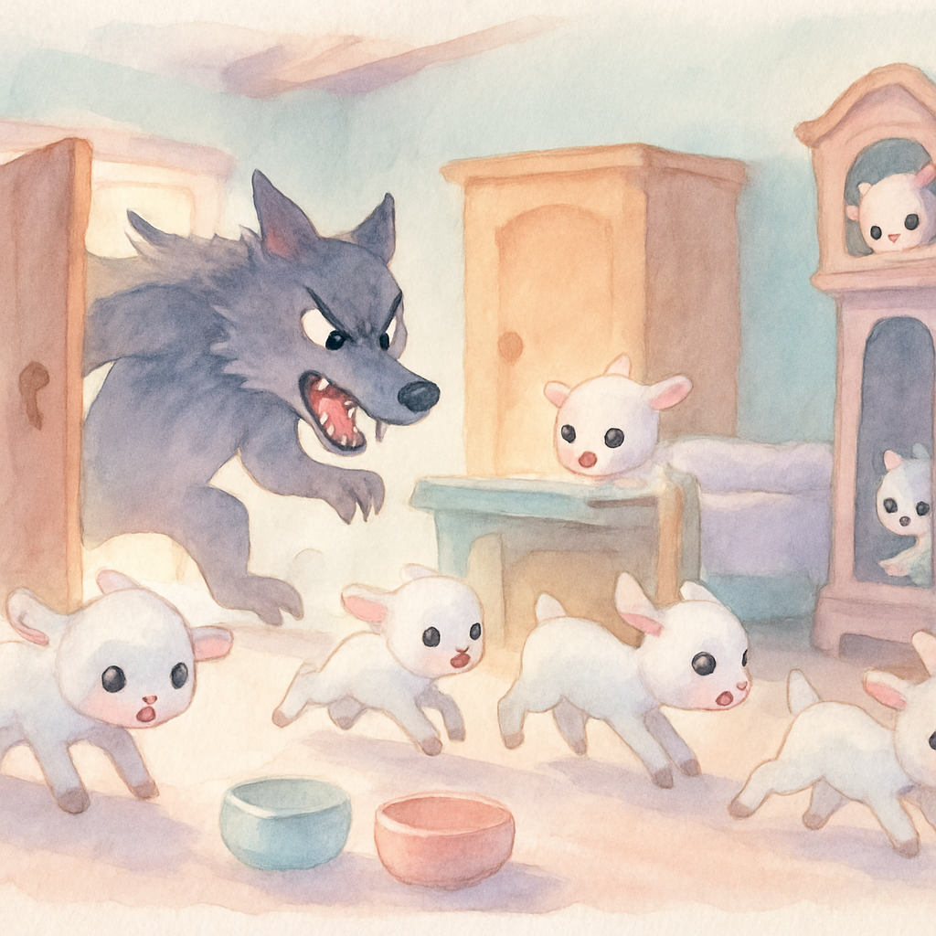 문이 열리고 늑대가 나타나자 아기 염소들이 놀라서 테이블 밑, 침대 밑, 장롱 속, 시계 속 등으로 숨는 장면