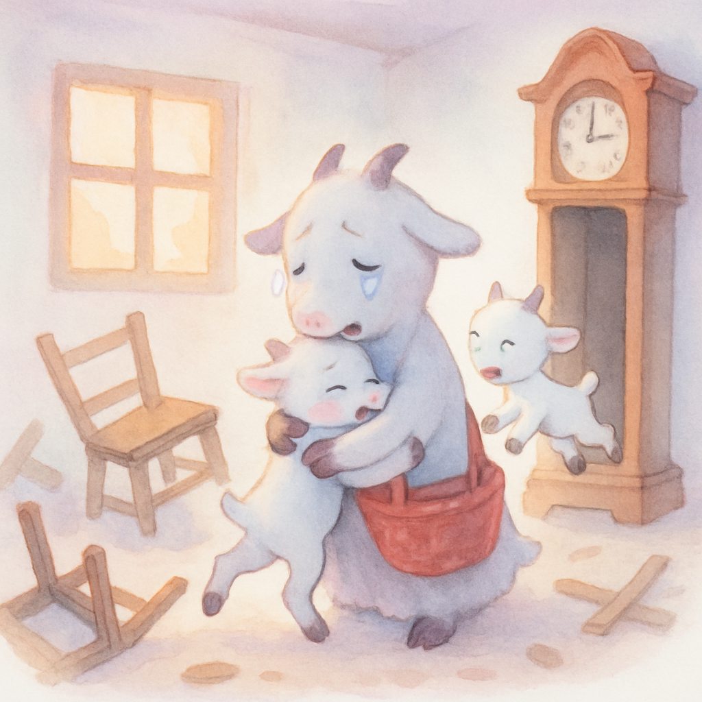 엄마 염소가 집으로 돌아와 엉망진창이 된 집을 보고, 시계 속에서 나온 막내 염소를 안아주는 슬픈 장면