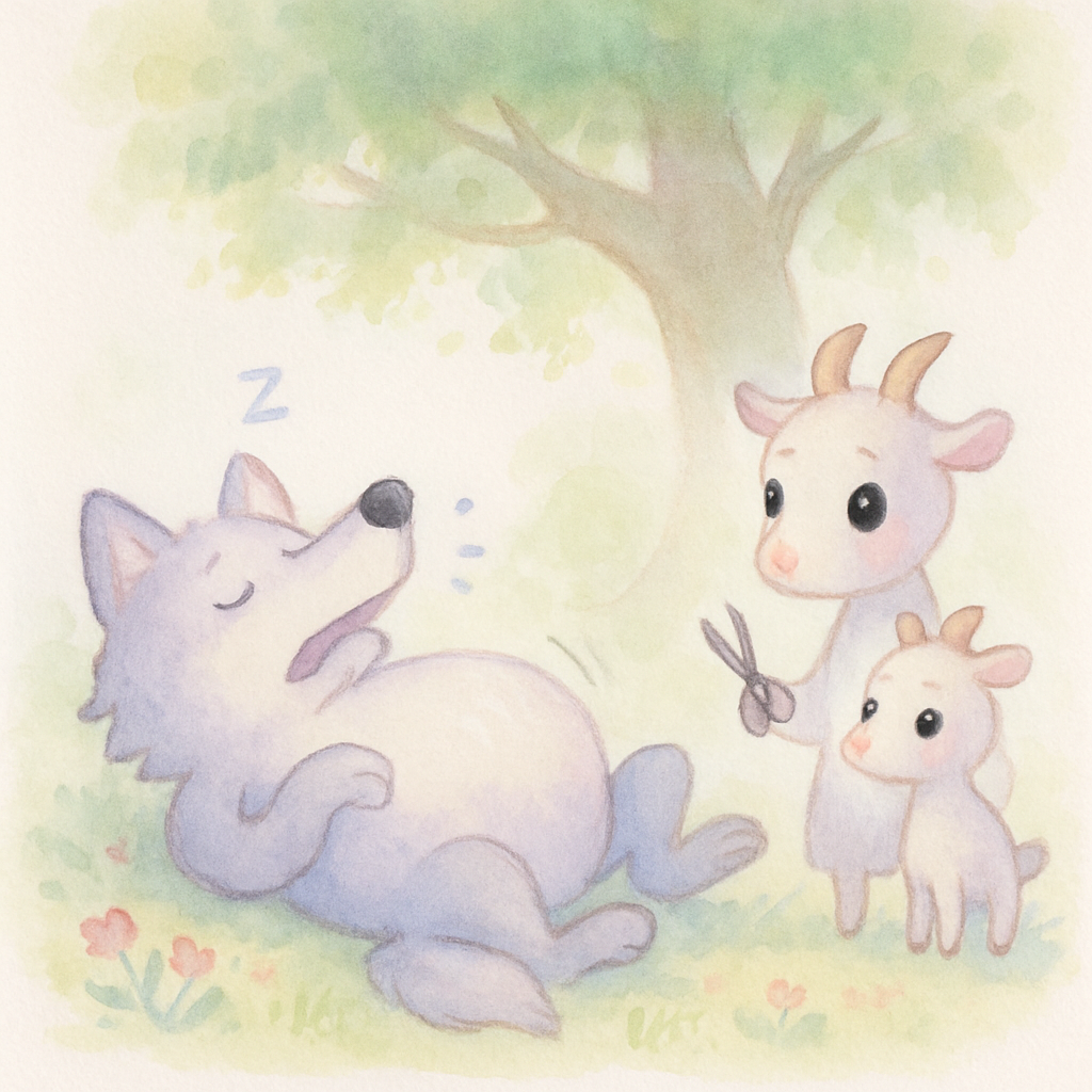 큰 나무 밑에서 배가 불룩한 늑대가 코를 골며 자고 있고, 엄마 염소와 막내가 발견하는 장면