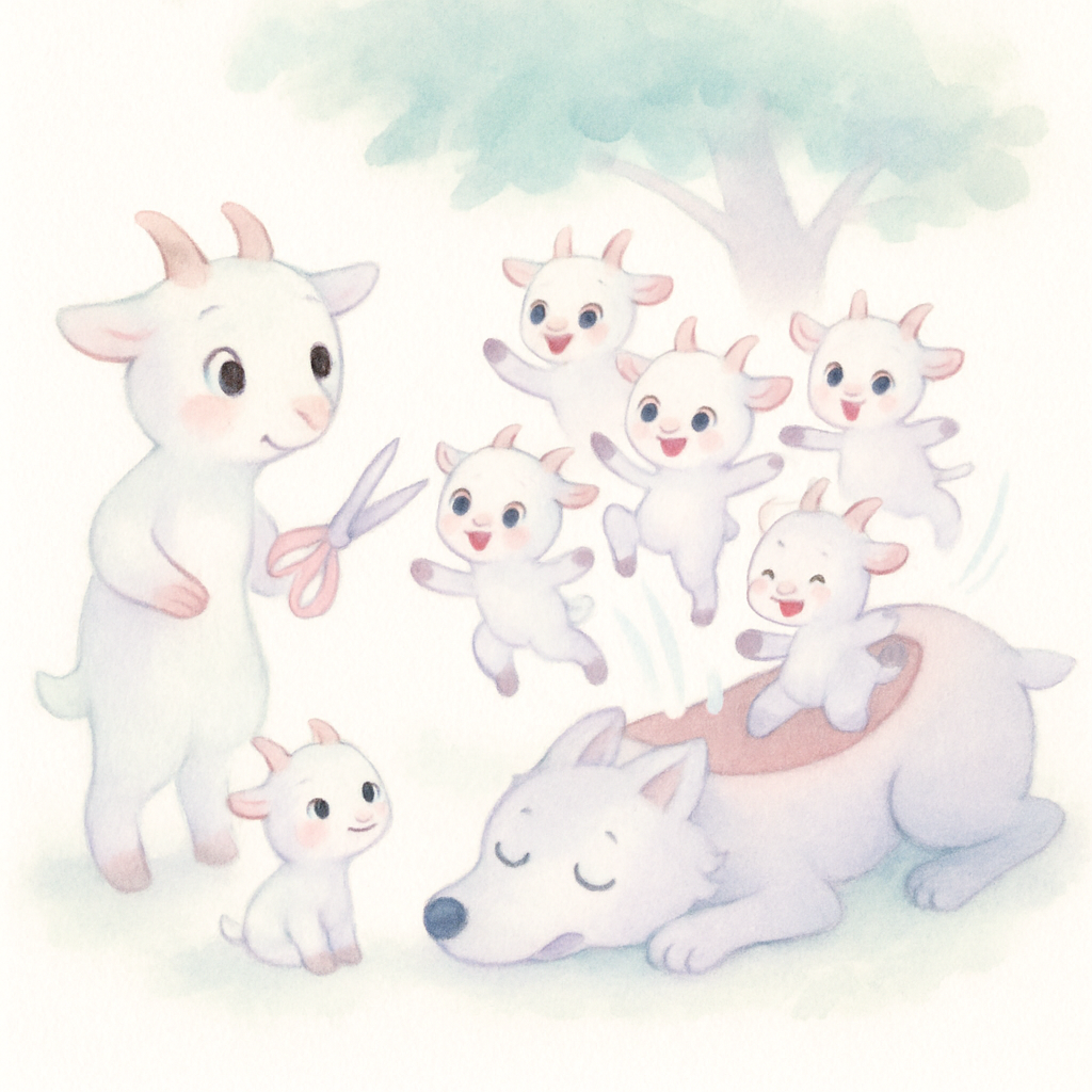 엄마 염소가 늑대의 배를 가위로 자르고 여섯 마리 아기 염소들이 펄쩍펄쩍 뛰어나오는 구출 장면