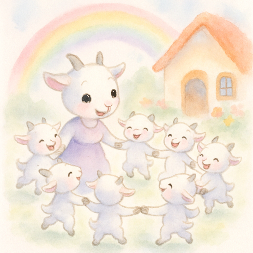 엄마 염소와 일곱 마리 아기 염소가 손을 잡고 빙글빙글 춤을 추며 기뻐하는 해피엔딩 장면