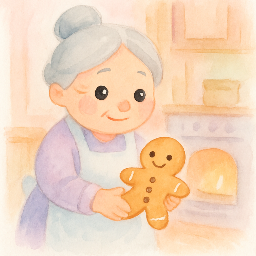 할머니가 부엌에서 진저브레드 맨 쿠키를 만드는 장면