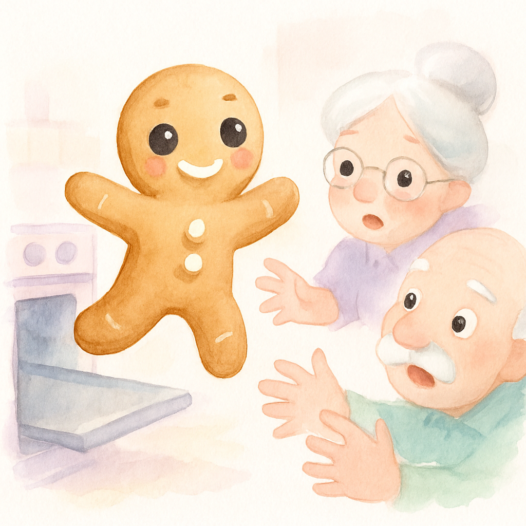 진저브레드 맨이 오븐에서 튀어나와 할머니와 할아버지가 놀라는 장면