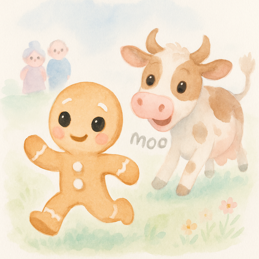 들판에서 소가 진저브레드 맨을 쫓아오는 장면