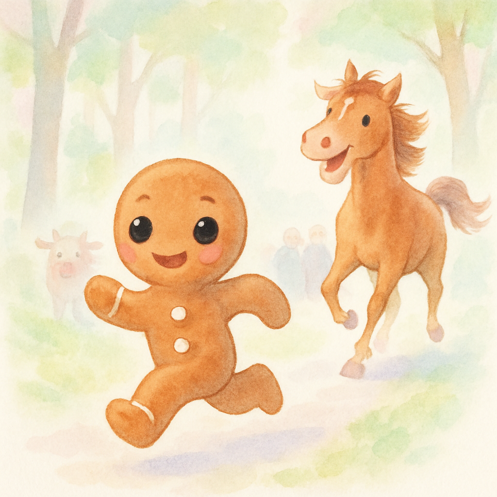 숲속에서 말이 진저브레드 맨을 쫓아오는 장면