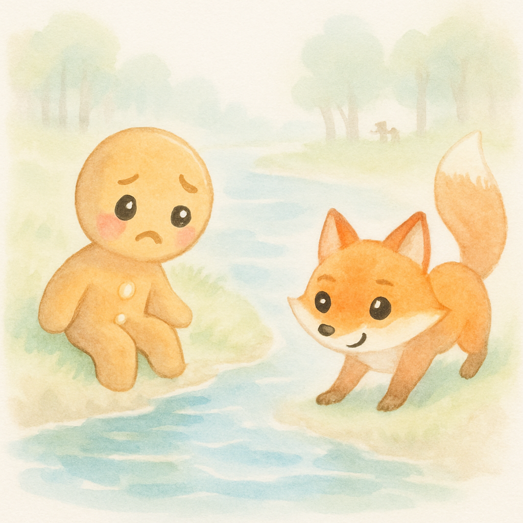 진저브레드 맨이 강가에서 여우를 만나는 장면