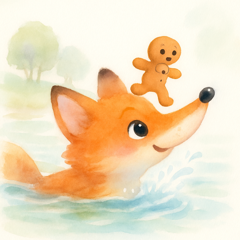 진저브레드 맨이 여우의 등, 머리, 코 위로 점점 올라가는 장면