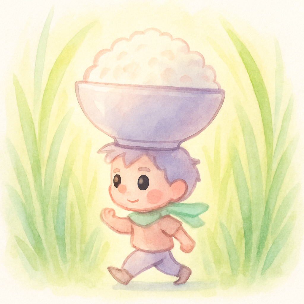 엄지가 큰 밥그릇을 머리에 이고 높은 풀숲을 헤치며 걸어가는 장면