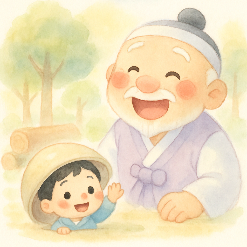 엄지가 밥그릇 밑에서 나타나 할아버지와 함께 웃는 장면