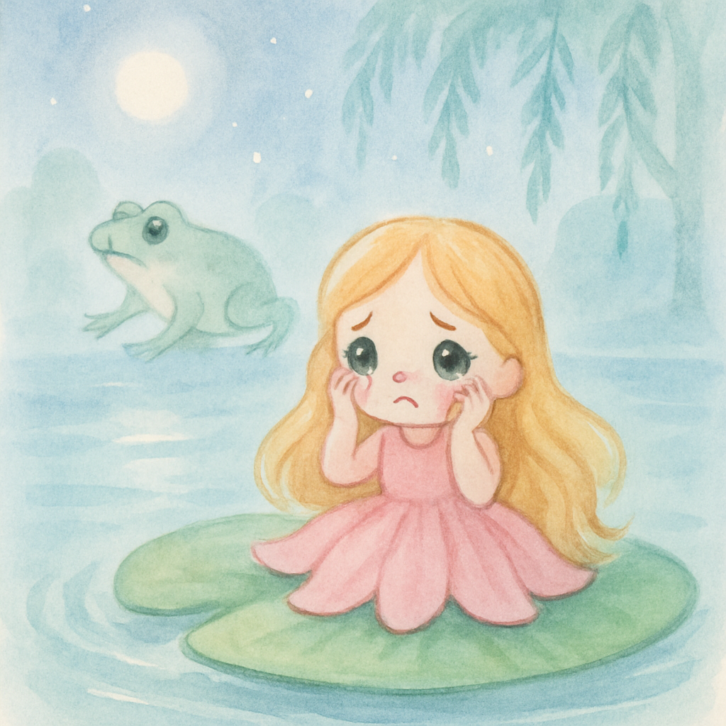 두꺼비 엄마가 엄지공주를 데려가 연잎 위에 두는 장면