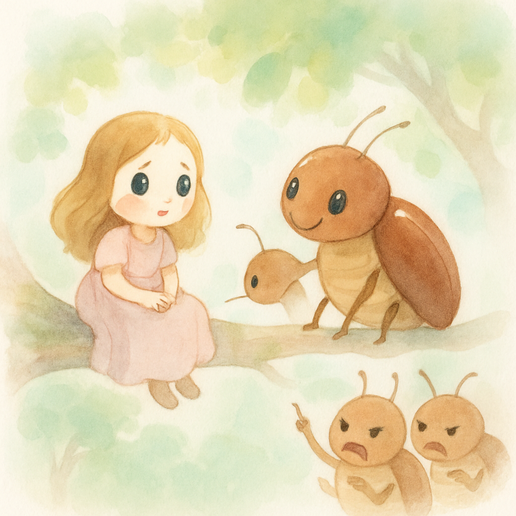 풍뎅이가 엄지공주를 나무 위로 데려가지만 다른 풍뎅이들이 거절하는 장면